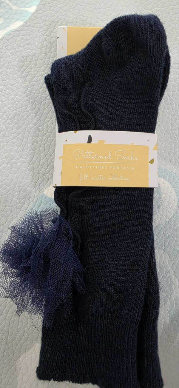 Meias azul marinho com Flor em tule